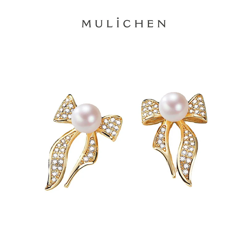 

MULICHEN 7-8mm Freshwater Pearl Stud Earrings For Women 14K Gold Plated Bow Knot Set Zircon Jewelry Accessories