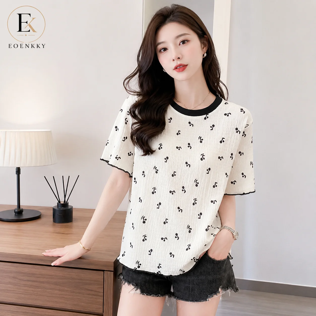 EOENKKY Women Cherry Print T Shirt Summer Short Sleeve Loose Casual Top Contrast Round Neck Textured Tee Korean Style M-2XL