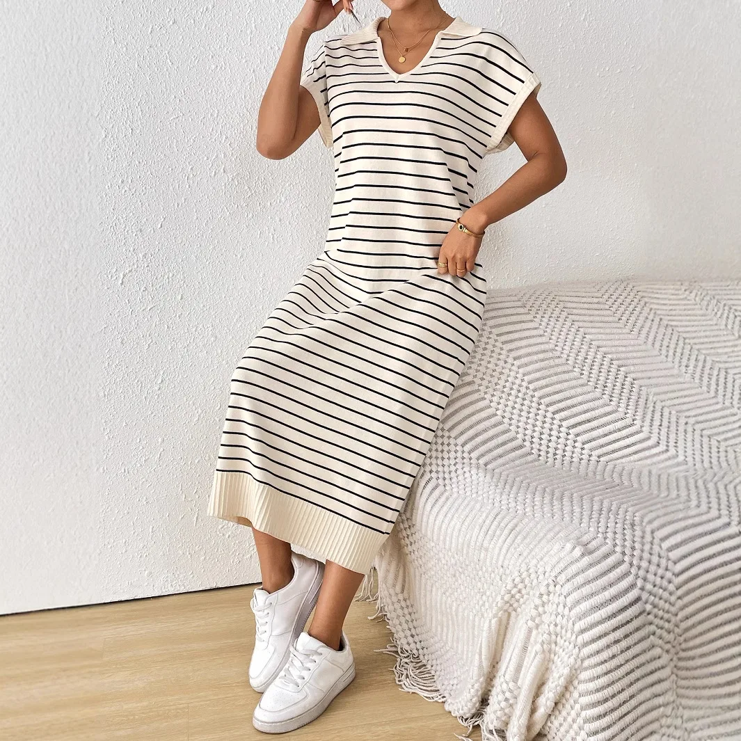 Striped Long Dress Women Knitted Dresses Vestidos Streetwear V Neck Short Sleeve Elegant Splice Y2k Casual Loose Summer 2025