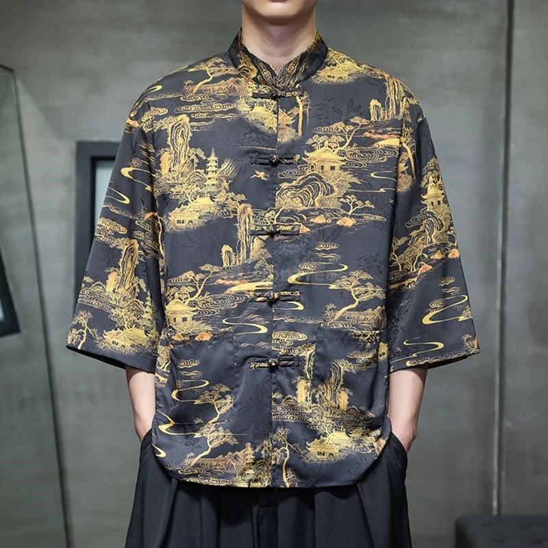 

2025 summer new thin chinese style men's ice silk shirt ethnic style printed tang suit top retro literature art temperament top