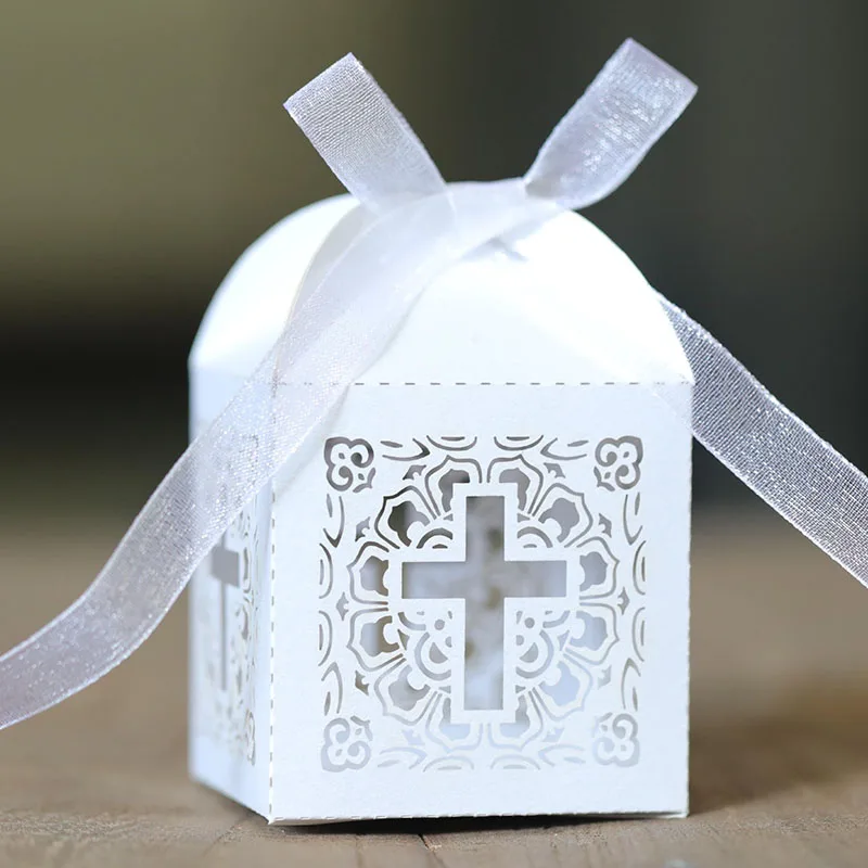 50/100pcs Lace Cross Candy Box Easter Favor Gift Packaging Box With Ribbon Birthday Baptism Wedding Communion Christening Decor