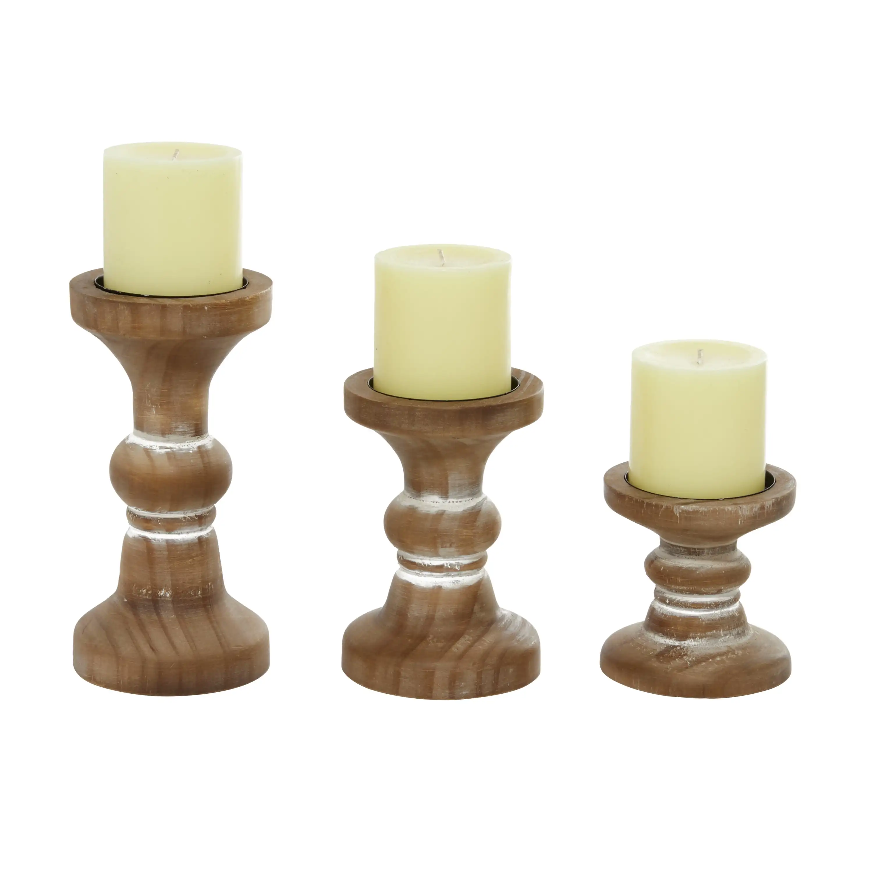 

Farmhouse Curved Pillar Candle Holders Set of 3, 8", 6", 4"H,Distressed Brown Wood Finish