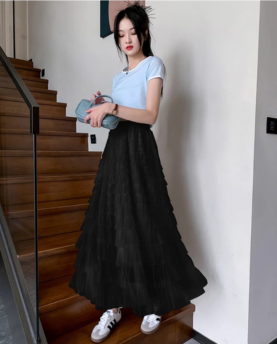 Midi-Rock in A-Linie, Kuchen-Design, Polyesterfaser, Netzstoff, geschichtet, geschwollen, halblang, Frühling, Sommer, Herbst, Winter, Röcke im neuen Stil