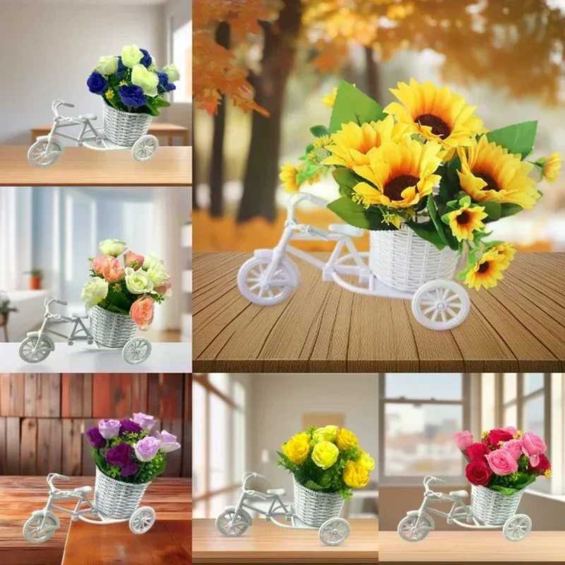 Simulation Flower Decorations Rattan Flower Basket Tricycle Bicycle Model Home Garden Wedding Party Decoration Romantic And Cute