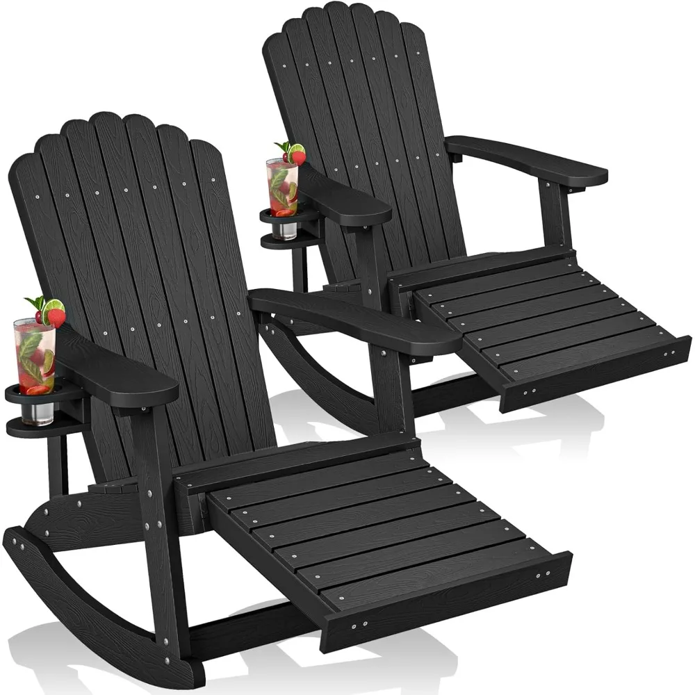 

Adirondack Rocking Chair Outdoor with Retractable Ottoman and Cup Holder, HDPE Oversized Patio Rocking Chairs with Footrest, Wo
