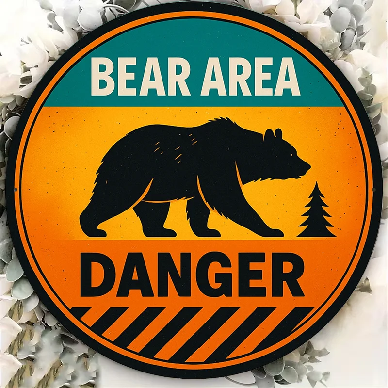 2D Retro Metal Sign, Aluminum Round Warning Plaque, Vintage Bear Danger Decoration for Outdoor Camping Hiking Park Trail Gift