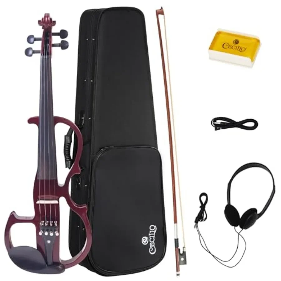 Solid Wood Electric/Silent Violin for practice and performance, mahogany body with ebony fittings, metallic red finish, silent