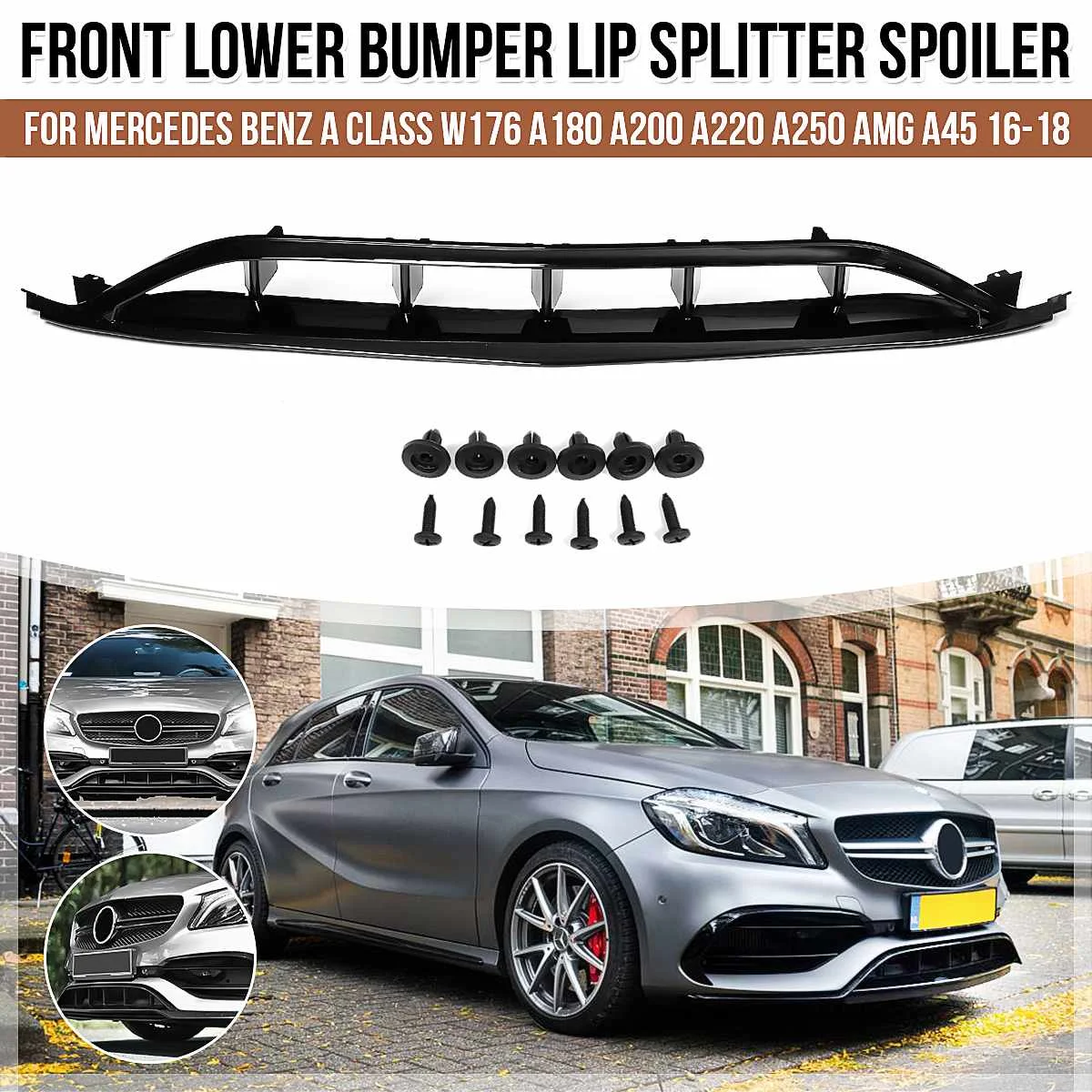 W176 Glossy Painted Front Lip Spoiler with Side Splitter Canards Apron for Benz A180 A200 A250 A45 for Amg 2016 2017 2018 7PCS