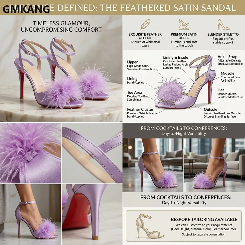 GMKANG Women's Furry Sandals Peep Toe High Heels Buckle Strap Red Sole Slippers Glamorous Feather Trim Comfortable view 2