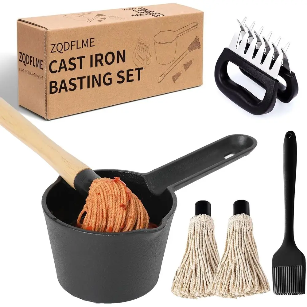 

Mop Brush and Cast Iron Basting Pot - Grilling Tool Set with Basting Brush, Meat Shredder Claws, 8pcs
