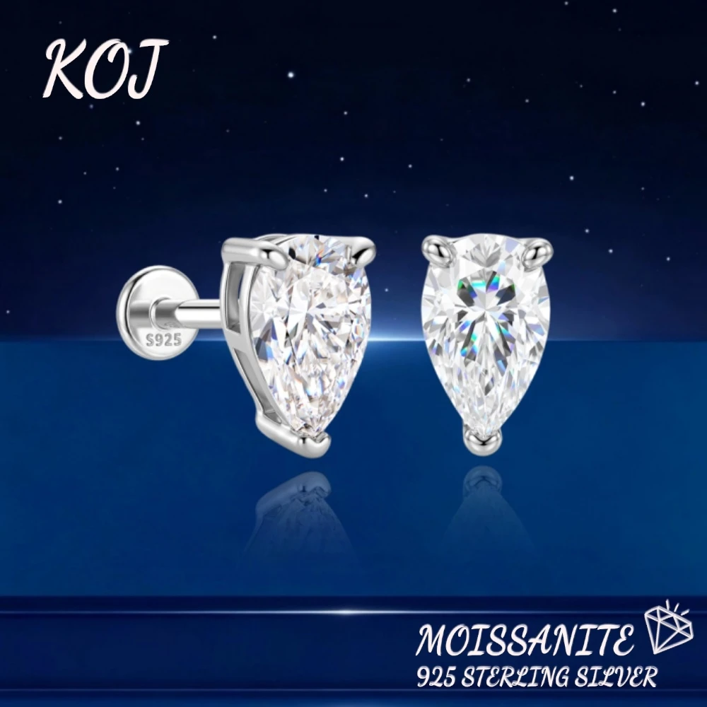 KOJ 1PC 925 Sterling Silver Pear 1CT Cut Moissanite Stud Earrings Screw Back Flat Ear Piercing Jewelry For Women Gift