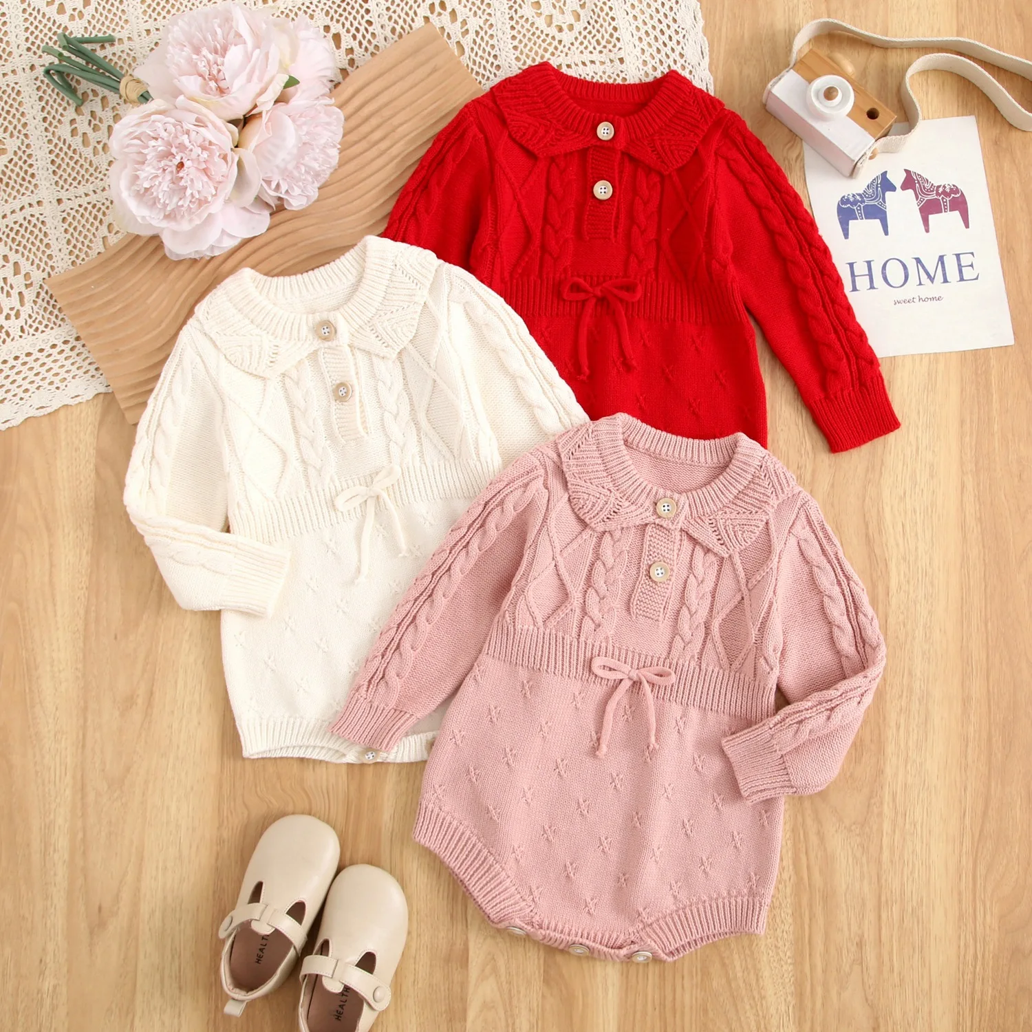 0-24M 100% Cotton Newborn Baby Girl Knit Romper Autumn Winter Thick Clothes Long Sleeve Sweater Bodysuit Outfit