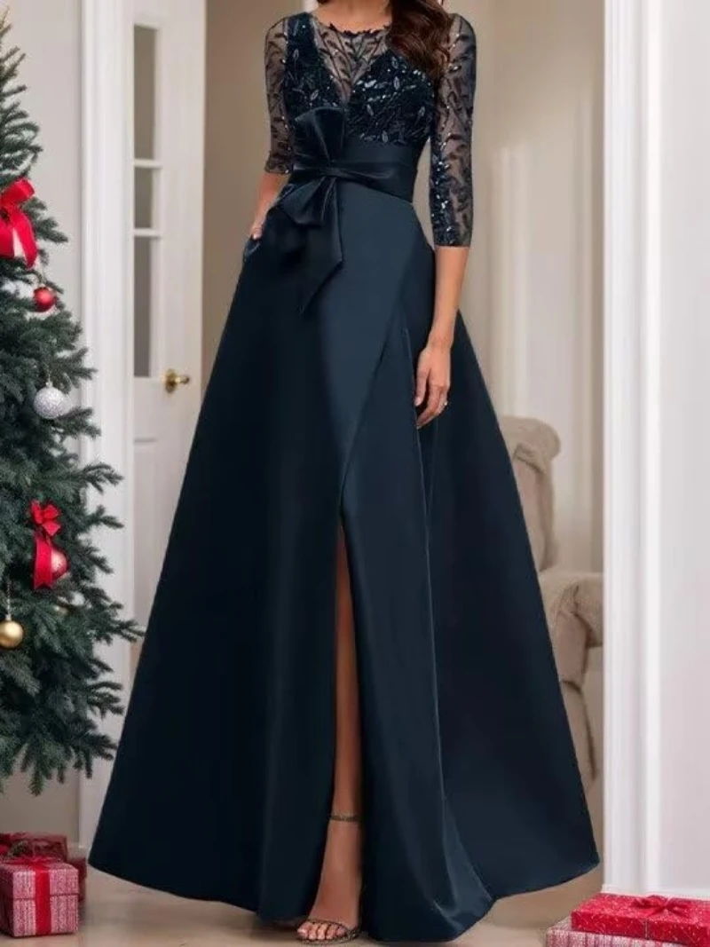 Robes mère de la mariée à manches mi-longues pour femmes, robe en Tulle à paillettes et feuilles pour l'hiver, robe de bal de mariage fendue