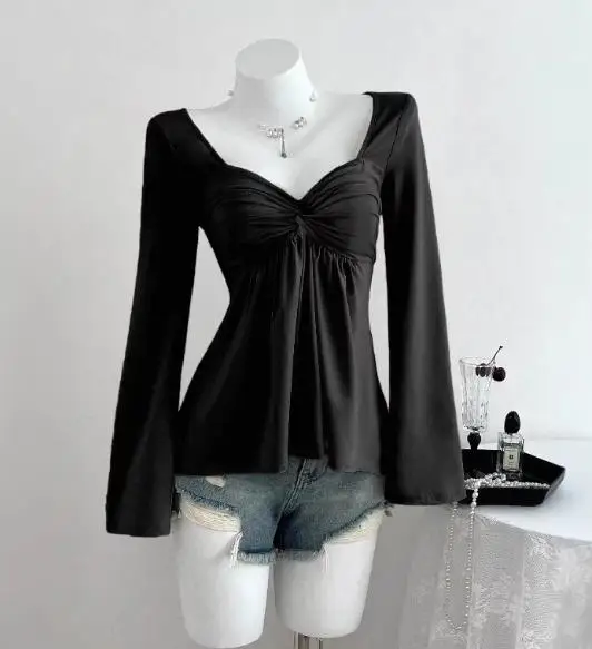 

Women Blouse 2026 Spring Autumn New Solid Color V-Neck Long Sleeved Versatile Casual Slim Fit Daily Basic Top