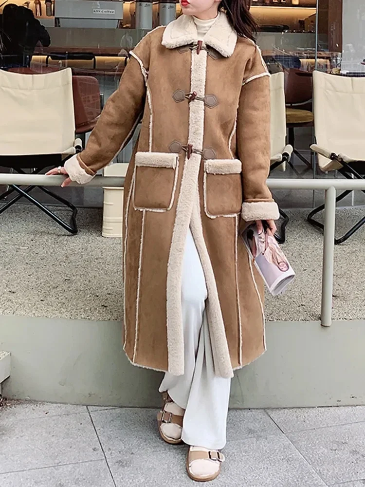 Winter Women Faux Suede Leather Jacket Casual Lady Vintage Loose Lapel Horn Button Long Outwear Lamb Wool Chamois Leather Coat