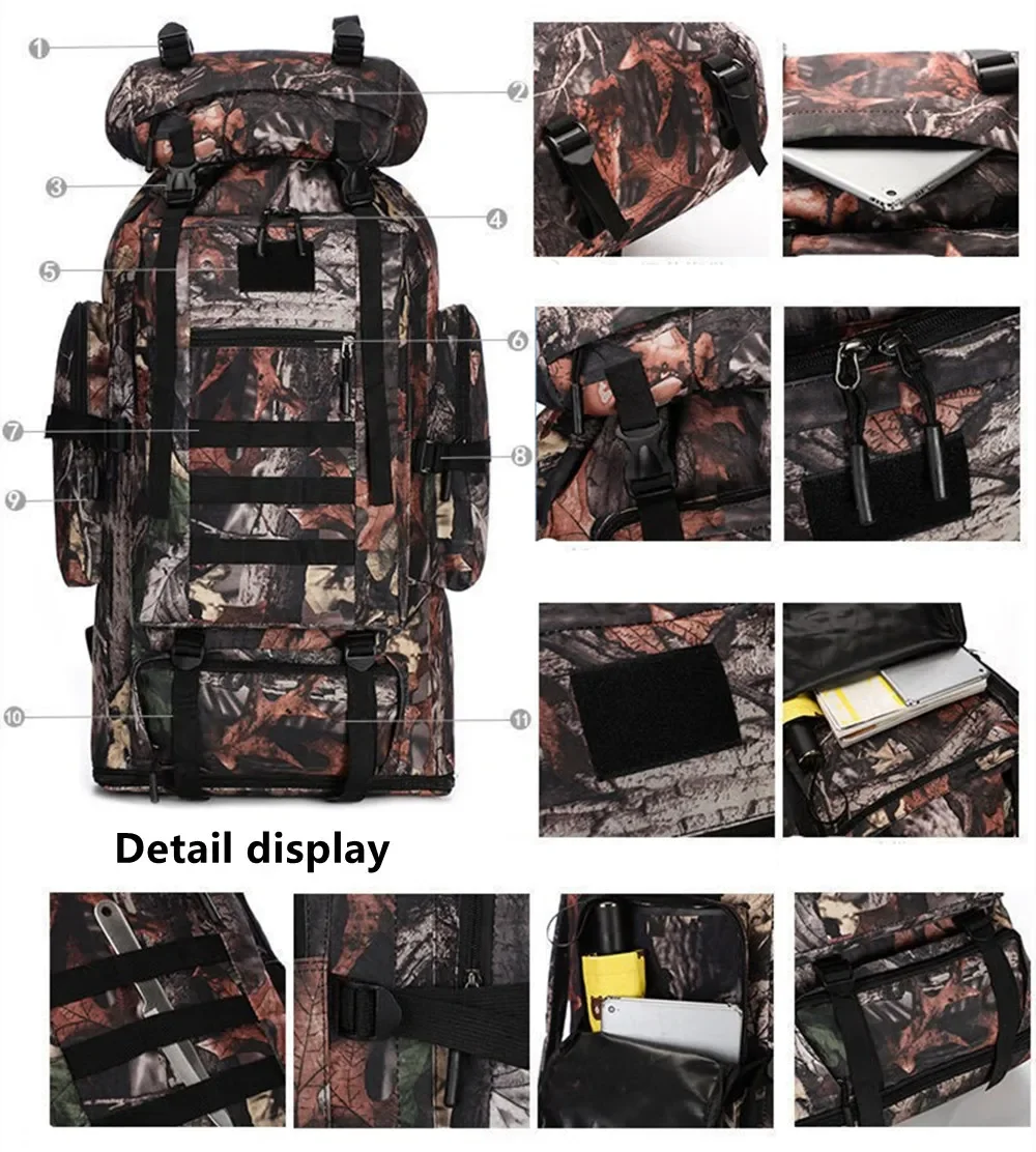 Expandable 100L Camouflage Backpack Outdoor Travel Mountaineering Sport Bag Plug In Knapsack Luggage Handbag Storage Pack Bggage