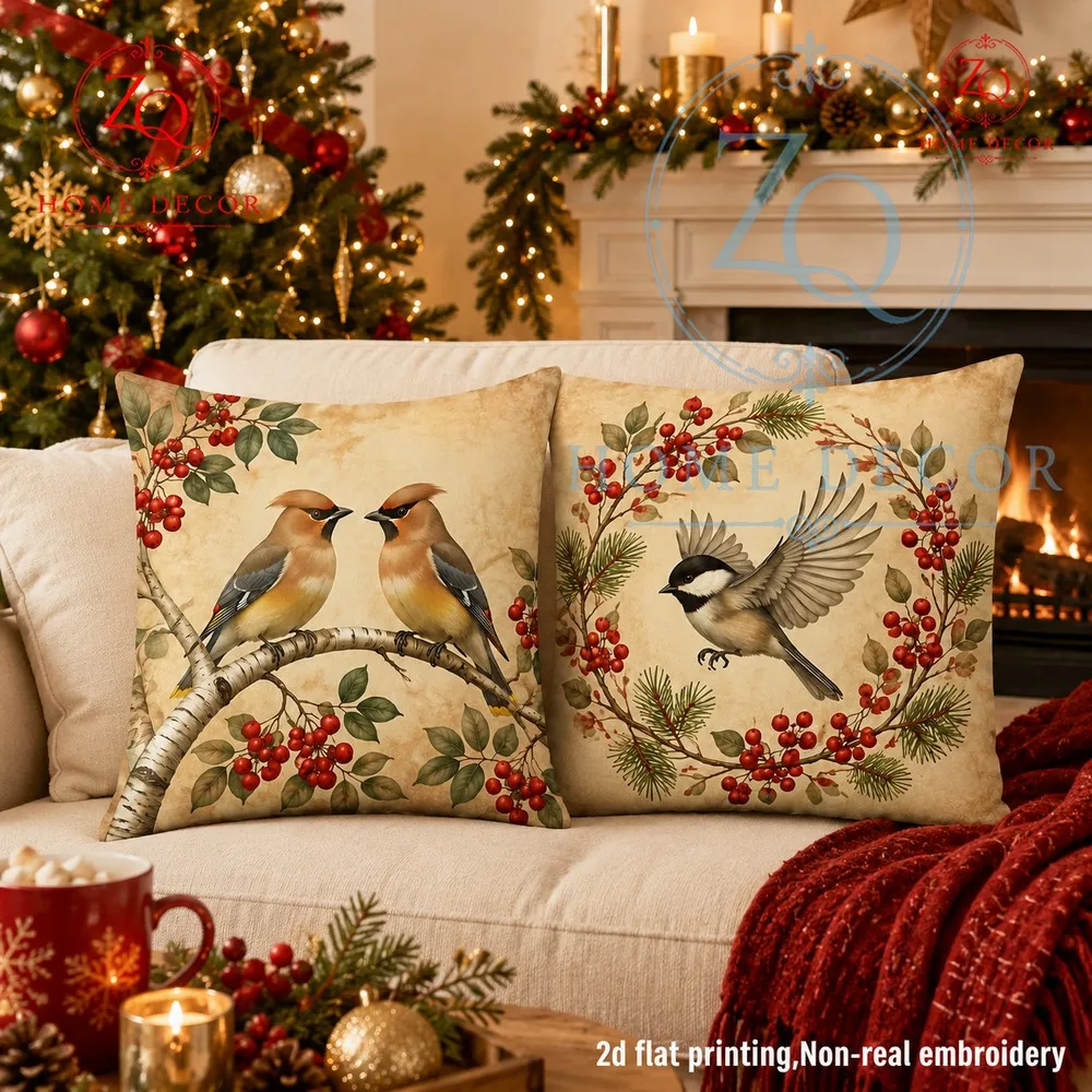 Retro Christmas floral  bird throw pillowcase American country style velvet cushion cover festive home decor item.