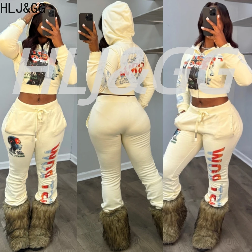 HLJ&GG Amerikaanse Retro Y2K Brief Afdrukken Capuchon Tweedelige Sets Vrouwen Lange Mouw Crop Top En Jogger Broek outfits Streetwear