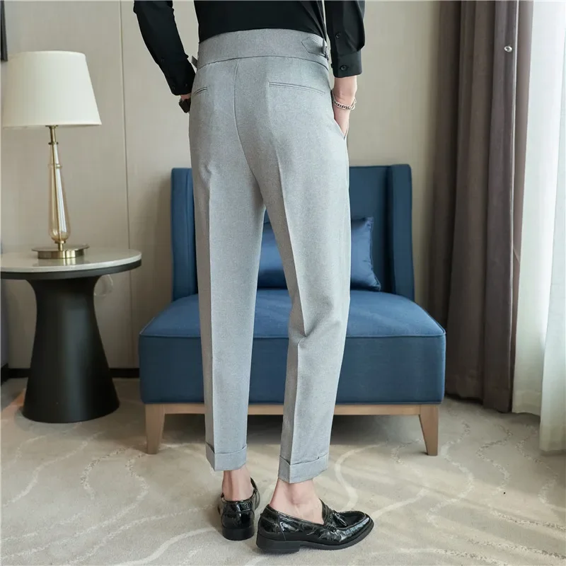 Pantalones de traje de cintura alta para hombre, pantalones de vestir informales de estilo británico, ajustados, formales, para oficina, boda y