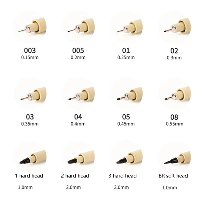 Rotulador de tinta Pigma Micron, 0,05, 0,1, 0,2, 0,3, 0,4, 0,5, 0,7, 0,8, 1,0mm, Punta diferente, negro