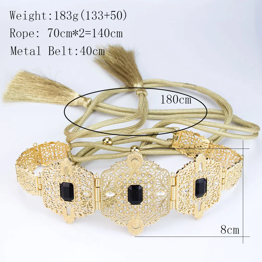 Sunspicems Chic Alloy Belt For Moroccan Bride Tassel Straps Rope Waist Chain Arabic Lady\'s Caftan Dress Body Chains Gold Color