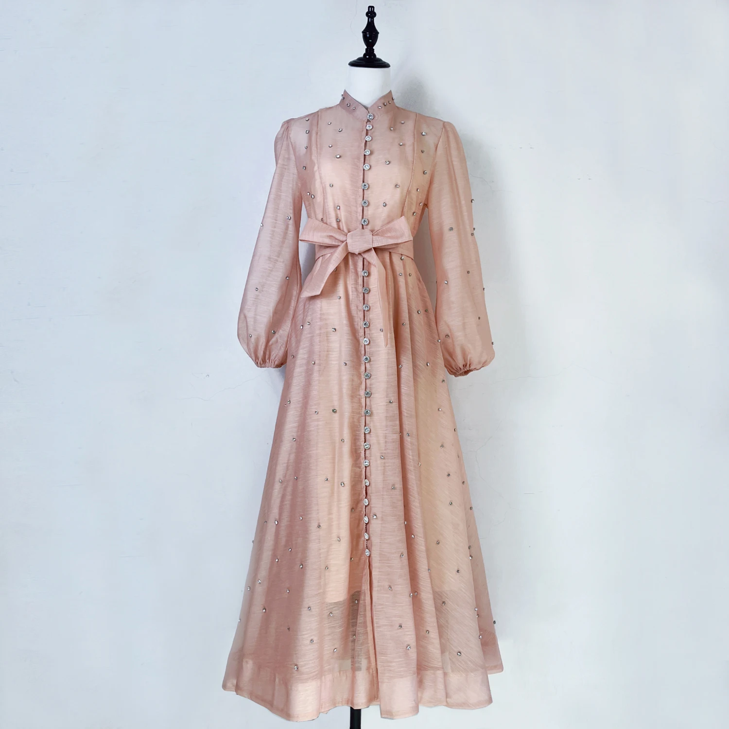 فاخر مأدبة مساء الزفاف فستان طويل المرأة فانوس كم مطرز الماس واحدة الصدر الزنانير شبكة Vestidos حفلة موسيقية الجلباب