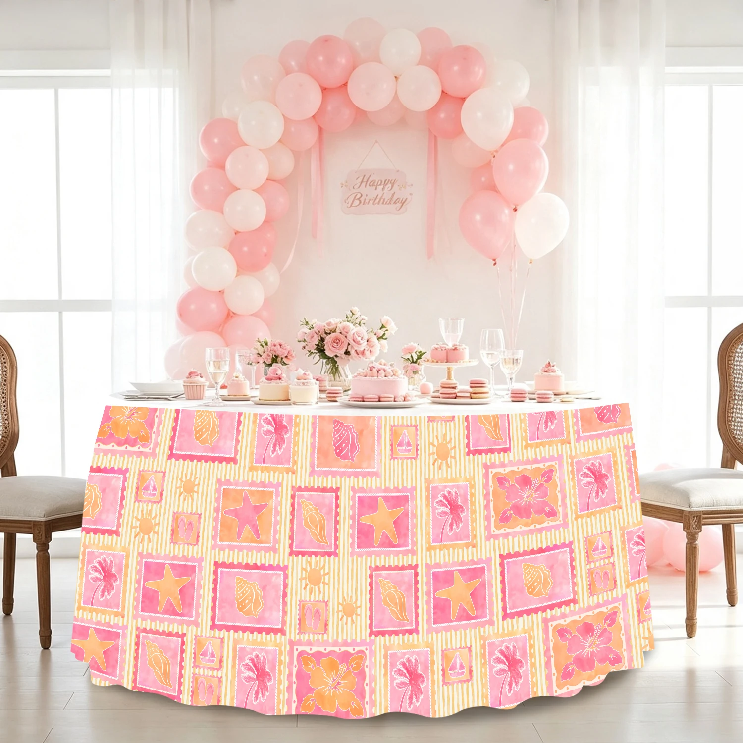 Pink Orange Hawaiian Table Skirt Starfish Shell Hibiscus Print Spandex Table Cover Summer Pool Birthday Baby Shower Dessert Tabl