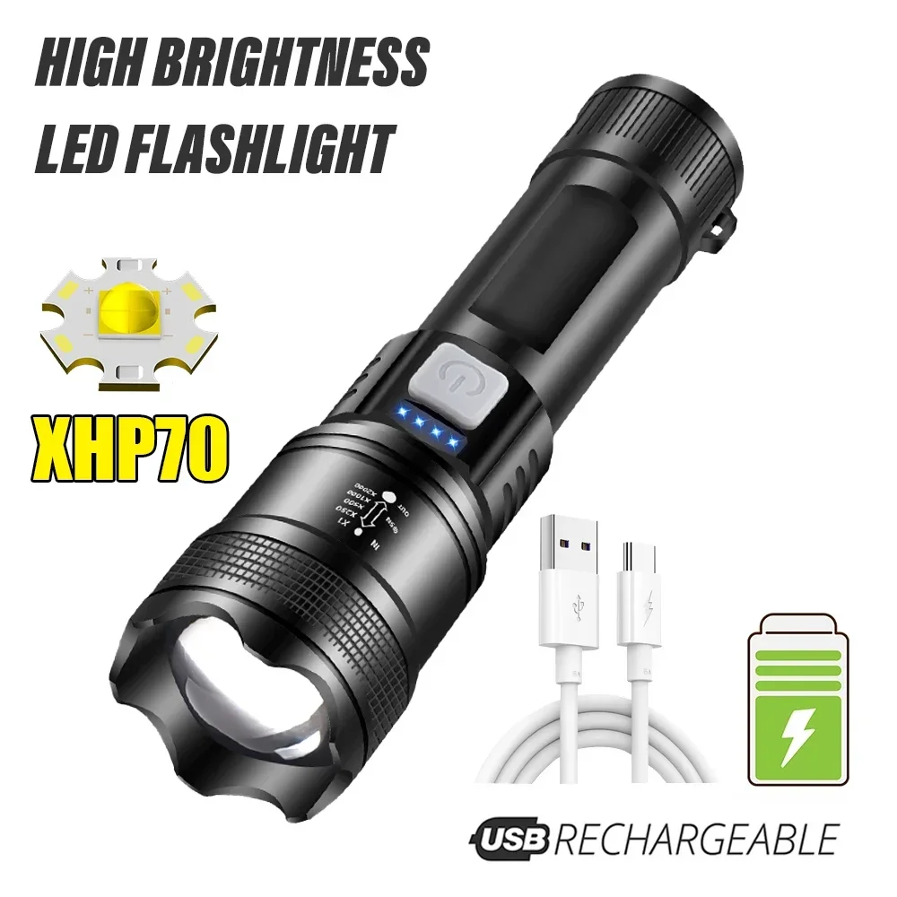 Powerful P70 LED Flashlights 5000LM Ultra Bright Tactical Light Emergency Spotlights Telescopic Zoom Light with Built-in Battery