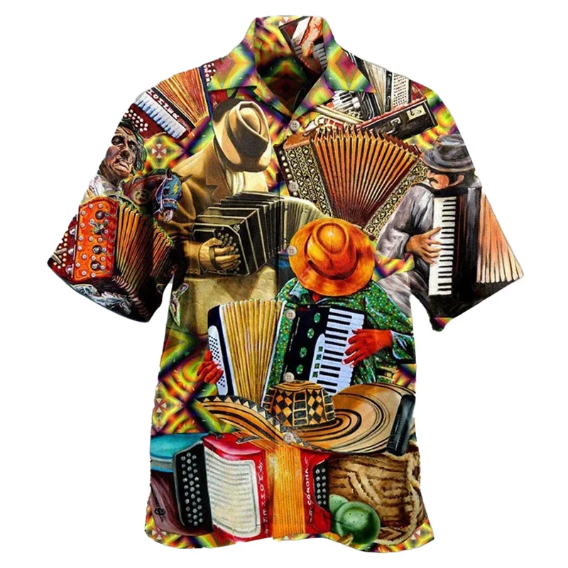 Guitar Music Graphic Hawaiian Shirt For Men Musical Instrument 3D Print Blouse Casual Short Sleeve Lapel Tops Loose Aloha Shirts