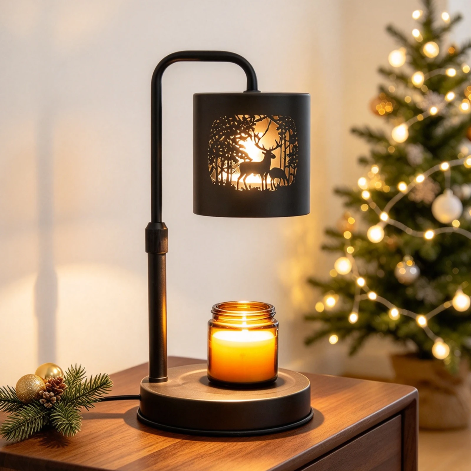 Black Owl reindeeroky Decor Timer & Dimmer Candle Warmer Lamp, Matte Black Metal Goth Christmas Table Lamp,2 Light Bulbs Include