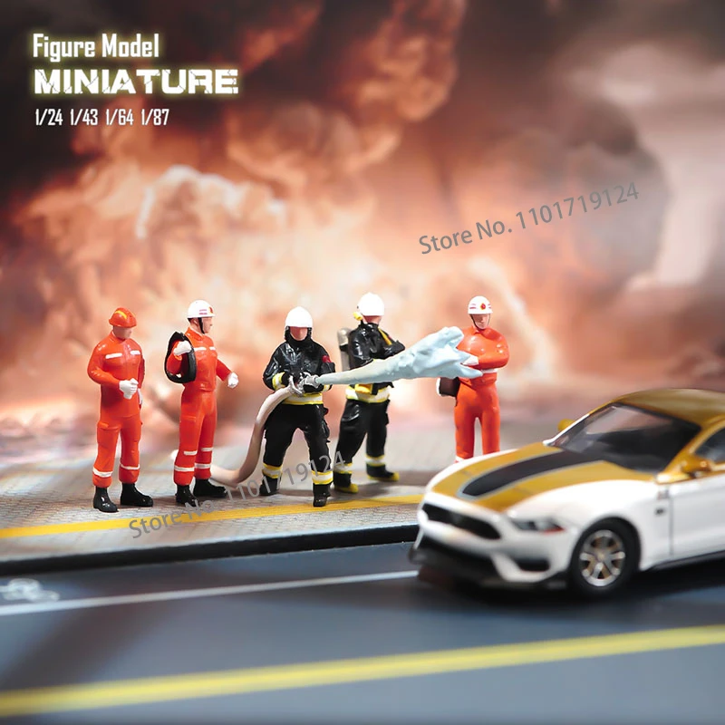 Miniatures 1/18 1/24 1/64 1/43 1/87 Fire Rescue Team Fireman Figure Diorama Street Scene Sand Table Prop Model For Cars Vehicles