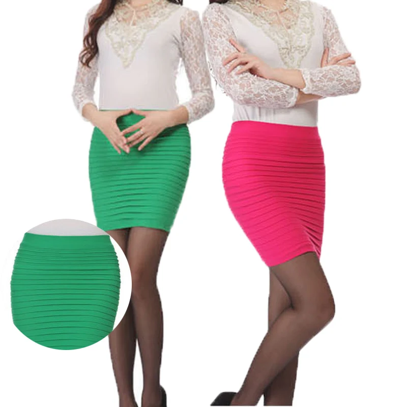 1pcs Sexy Lady Pencil Skirts Summer Women High Waist Pleated Skirt Solid Color Elastic For Office Lady Draped Slim Mini Skirt