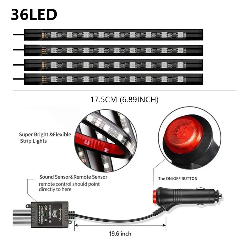 Neon 36LED Car Interior Ambient Foot Light Strip 4 in 1 with USB Wireless Remote Music APP Control Auto RGB Atmosphere Lamp