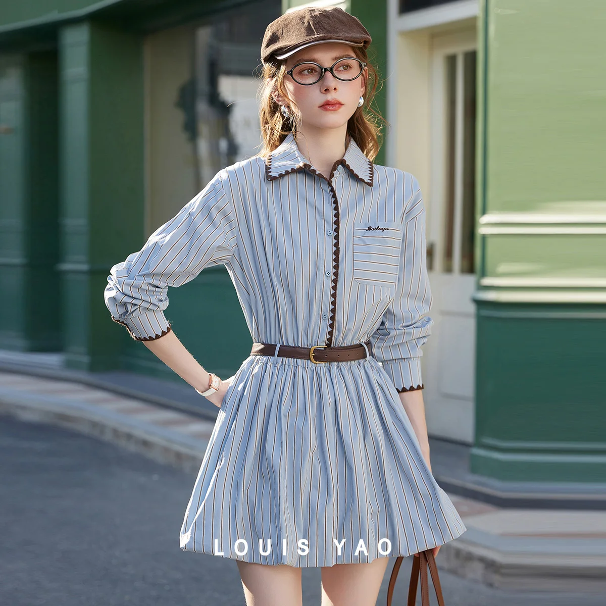 

LOUIS YAO Sweet Lapel Drop Shoulder Long Sleeve Dress 2026 Spring Age-Reducing Elastic Waist Belt Women's Midi Dress