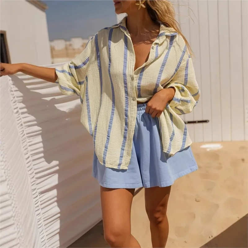 

Autumn New Striped Women's Shirts Summer Loose Long Sleeve Lapel Single Breasted Female Shirts Causal Sunscreen Shirt Streetwear