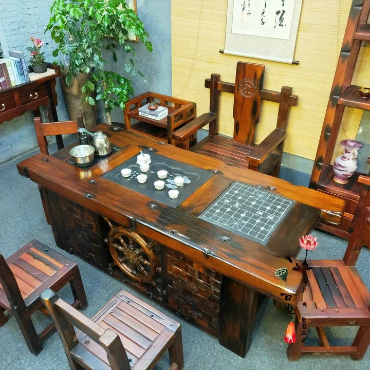 Old Ship Wood Table-Chair Set Solid Wood Tea Table 1 M 8 Tea Table Tea Set