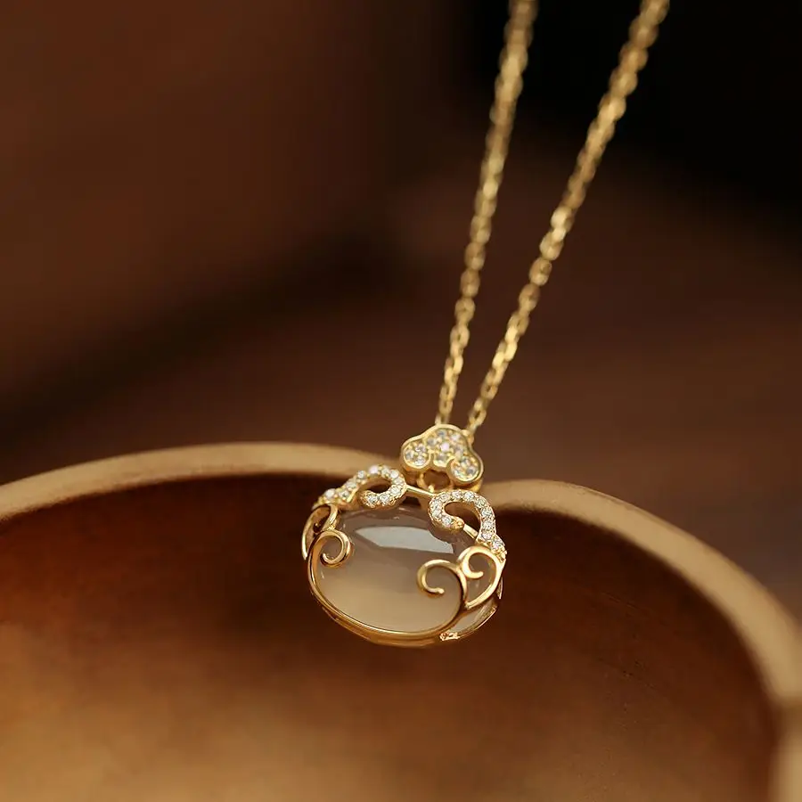 925 Silver Ancient Style Jade Chopin Ruyi Ping An Long Life Lock Necklace Girls Birthday Gift Necklace to send to girlfriend