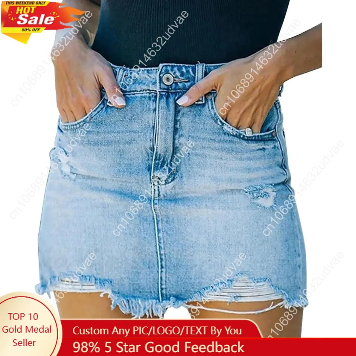 Sexy Damen-Jeansröcke mit mittlerer Taille und Reißverschluss, ausgefranstem, rohem Saum, zerrissen