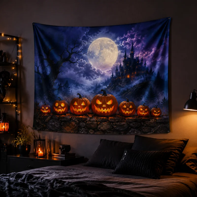 VIKAMA Halloween Haunted Castle Tapestry, Jack-o'-Lantern Wall Hanging, Mysterious and Fantastical Printed Tapestry, Home Decor