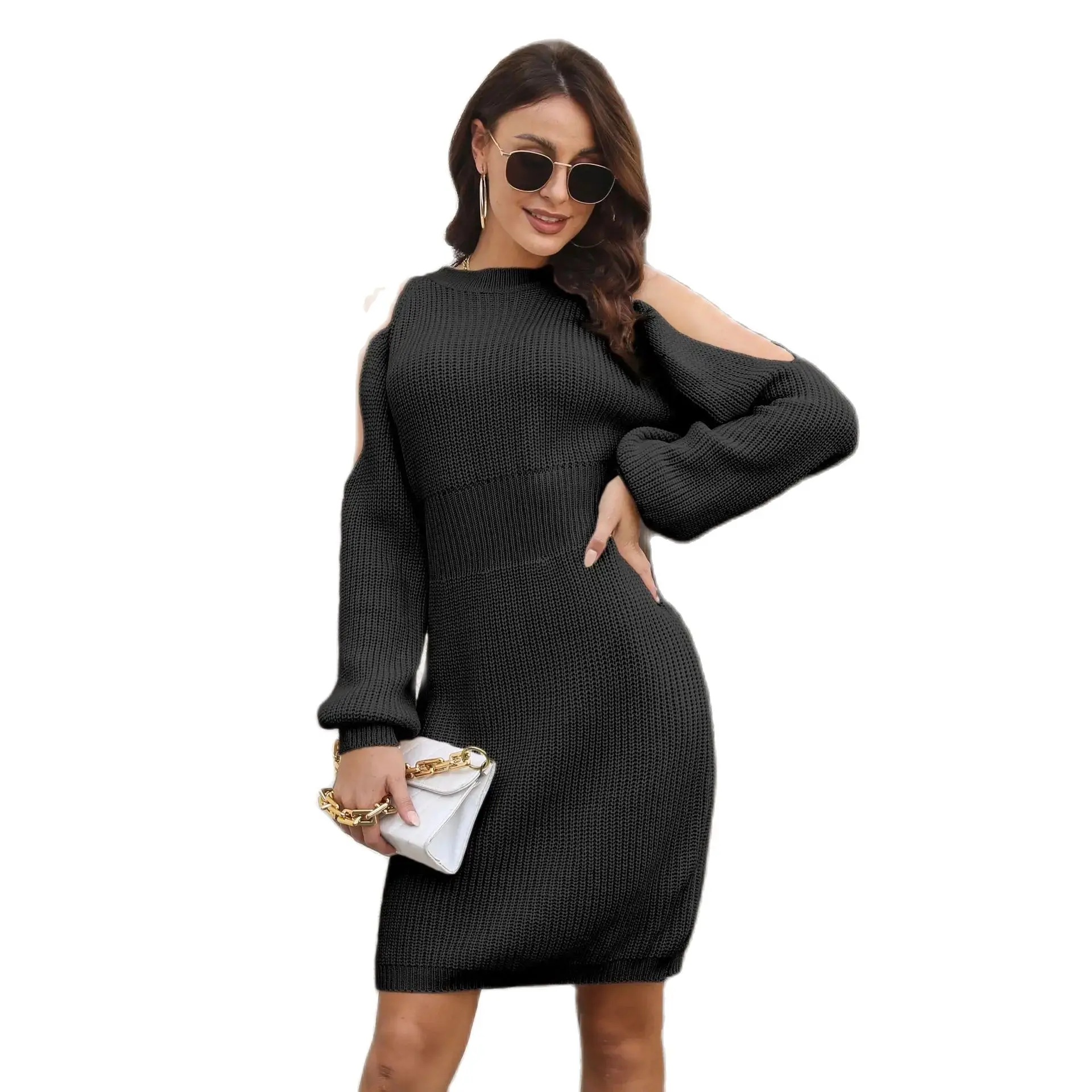 

Dresses For Women New Self Designed Off Shoulder Lantern Sleeves Women's Woolen Dress With Waistband Loose Knitting Vestidos