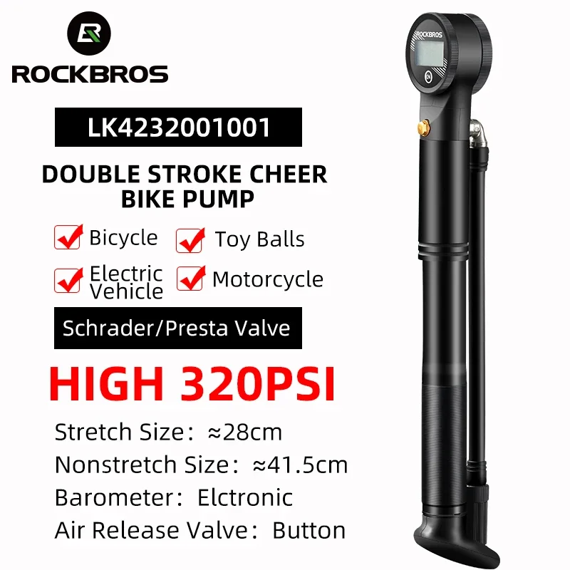 

ROCKBROS Bicycle Pump 320PSI Alumnium Alloy Bike Air Pump Electronic Barometer Tire Inflator Schrader Presta Valve Cycling Pump