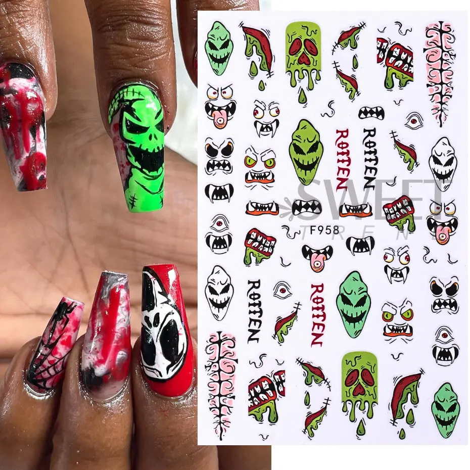 3D Snake Design Nail Stickers Black Evil Eye Tiny Skull Ghost Flower Design Sliders For Halloween Manicure Nail Art Decoration