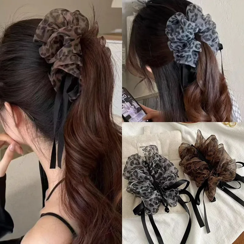 Retro Leopard Print Mesh Bubble Banana Clip Women High Ponytail Fixed Clip Back Head Shark Clip Half Zip Hair Style Hairpin New