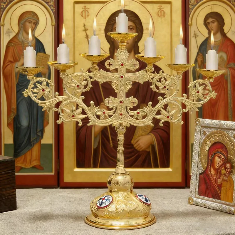 Neuer 2026 Eleganter Vergoldeter Orthodoxer Siebenarmiger Kerzenleuchter mit Roten Akzenten für Gottesdienste und Heimische Andachtsräume – Detail 11