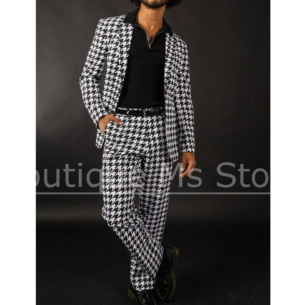 Black White Houndstooth Men's Suit Slim Fit Blazer Pants Set Fashion Pattern Formal Party Wear Stylish Casual Business Suits