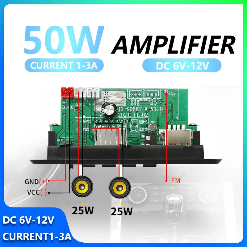 2x25W Audio Amplifier Board TDA7377 DC6V-12V 1-3A Mini Stereo AMP with Remote Control Power Cord Speaker Wire Black Plastic Case
