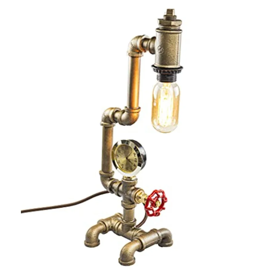 

Lamp with Dimmer, Dimmable Loft Style Industrial Vintage Antique Style Light with Bulb, Clock with Iron Piping Desk Lamp, Desk