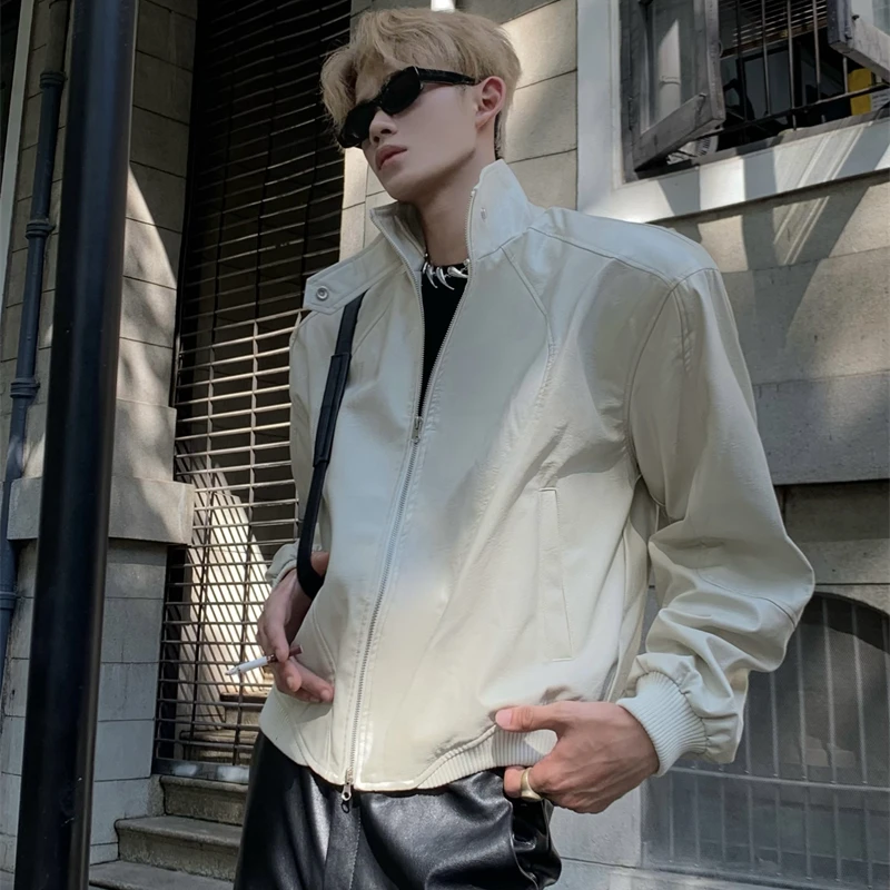 Stand PU Jackets Men Handsome Zip-up Coat Fashion Moto Personality Streetwear All-match Cool Korean Style Chic Hipster Autumn