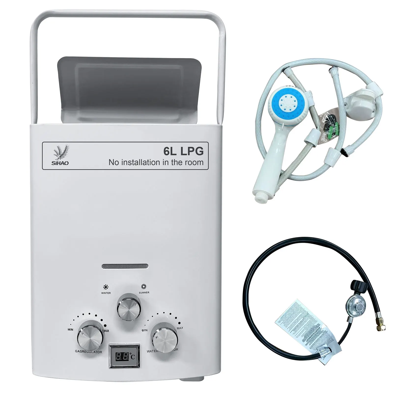 6L Propane Gas LPG Tankless Water Heater 12KW Stainless Steel Instant Hot Water Heater with Shower Head&Gas Pressure Reducer Kit