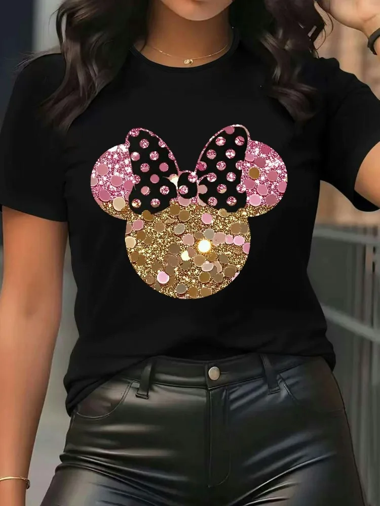 Damen-T-Shirt mit rosa Glitzer, Mickey-Mouse, Rundhalsausschnitt, kurze Ärmel, lässiges T-Shirt, Fliege-Detail, weiches, locker sitzendes Baumwoll-Shirt, Y2K-Top